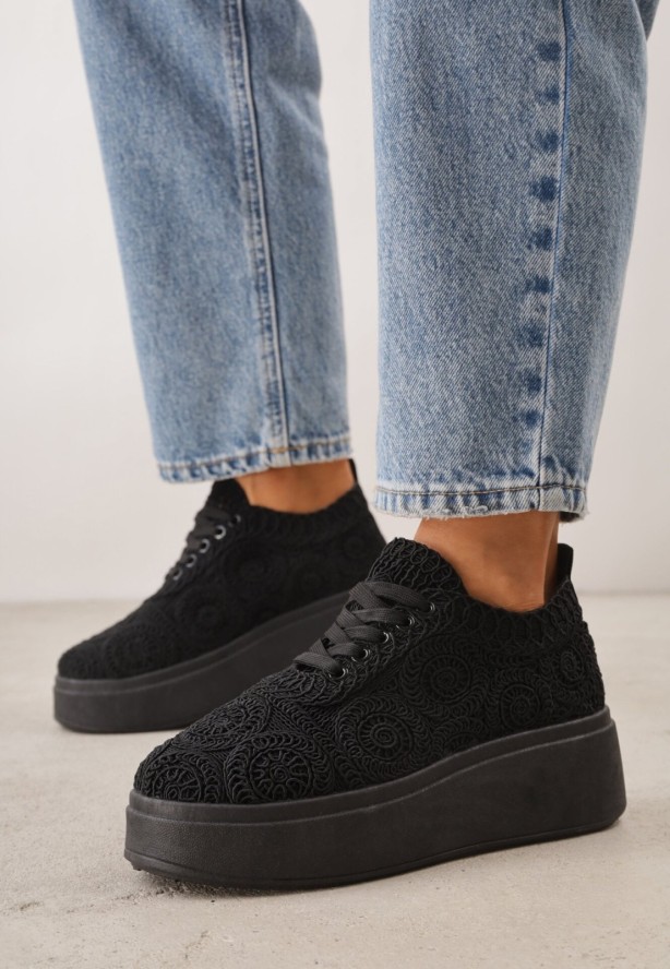 Czarne Sneakersy z Plecionki na Grubej Podeszwie w Stylu Boho Dacara