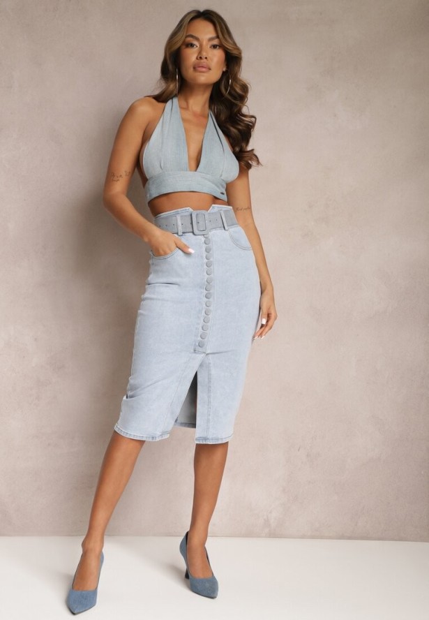 Jasnoniebieska Jeansowa Spódnica Ołówkowa Midi z Guzikami i Rozcięciem Jackiesa