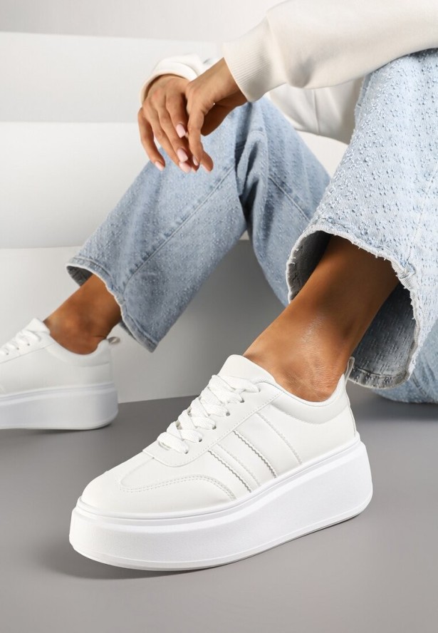 Białe Sneakersy Klasyczne Tenisówki na Grubej Podeszwie z Koturnem Adessia