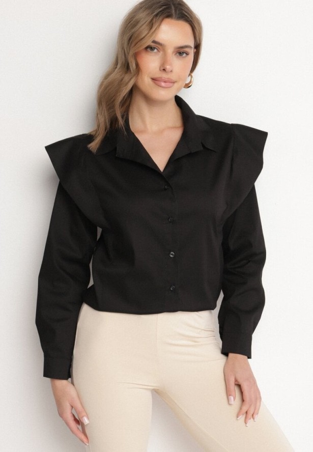 Czarna Bawełniana Koszula z Ozdobnymi Ramionami Teladoria