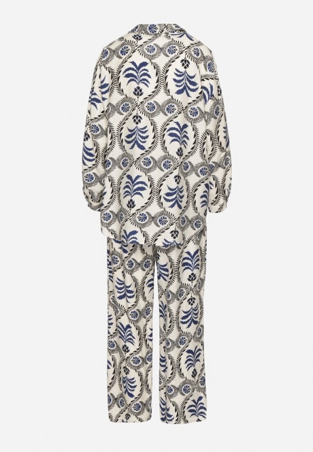 Niebieski Komplet z Wiskozą Koszula i Spodnie z Gumką w Pasie z Roślinnym Motywem Diviren