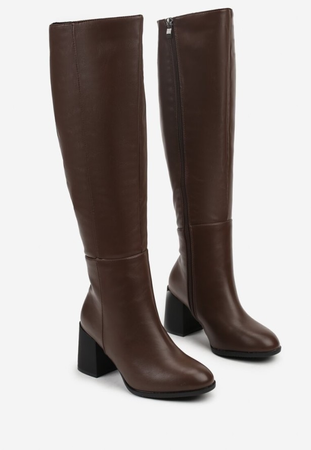 Brązowe Kozaki Vices na Obcasie Ozdobione Przeszyciami Cidvira