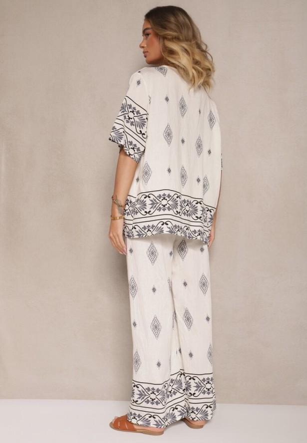 Beżowo-Szary Komplet w Stylu Boho Bluzka z Krótkim Rękawem i Luźne Spodnie Divorine
