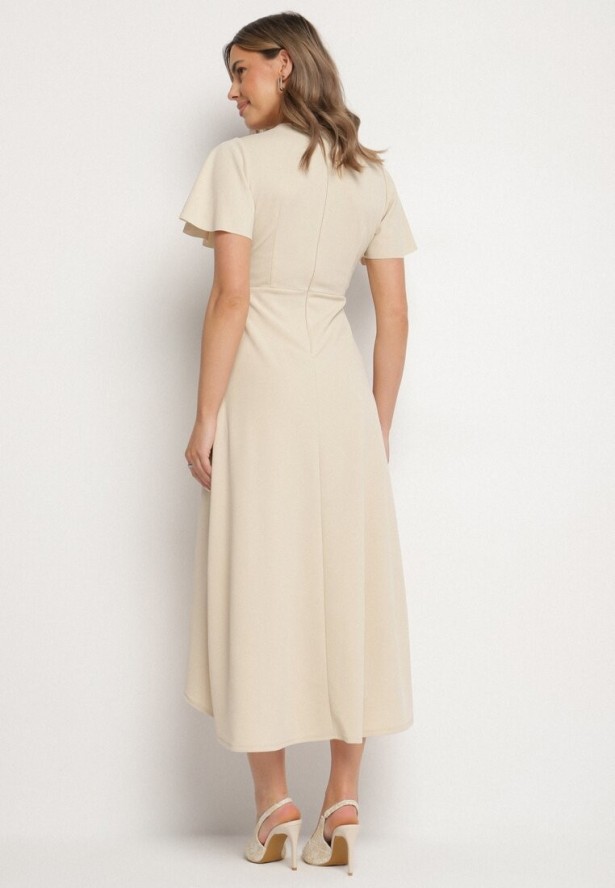 Beżowa Rozkloszowana Sukienka Ozdobiona Marszczeniem Odallica