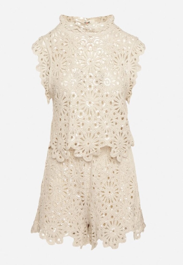 Beżowy 2-Częściowy Komplet Ażurowy Top ze Stójką Szorty z Gumką w Pasie Rivassea