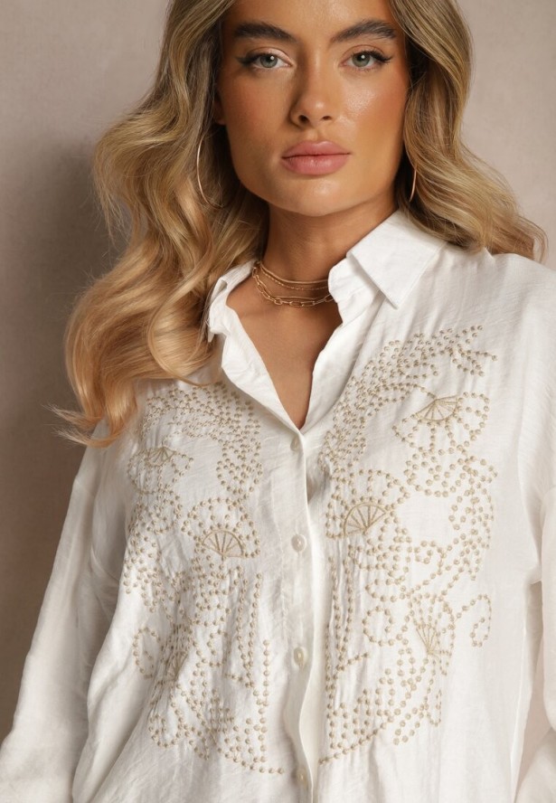 Biały Komplet z Wiskozą Szerokie Spodnie i Koszula z Haftem Etno Nolabina