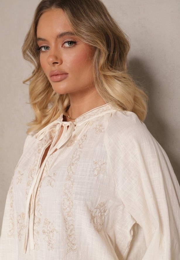 Beżowa Haftowana Bluzka z Bawełny z Wiązaniem Emvivia