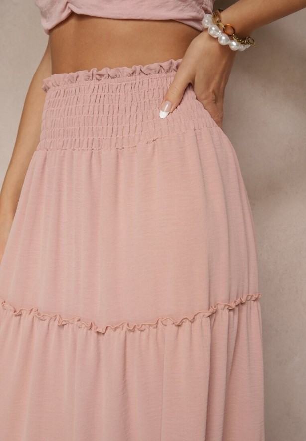 Różowa Rozkloszowana Spódnica z Gumką w Talii Zdobiona Falbanami Dovinelle