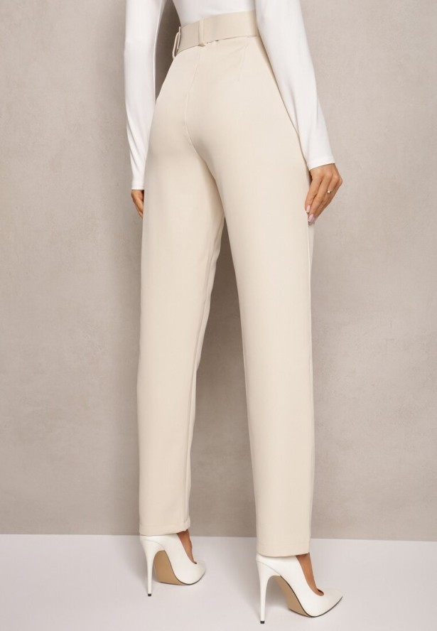 Beżowe Spodnie Garniturowe High Waist z Paskiem Wenus