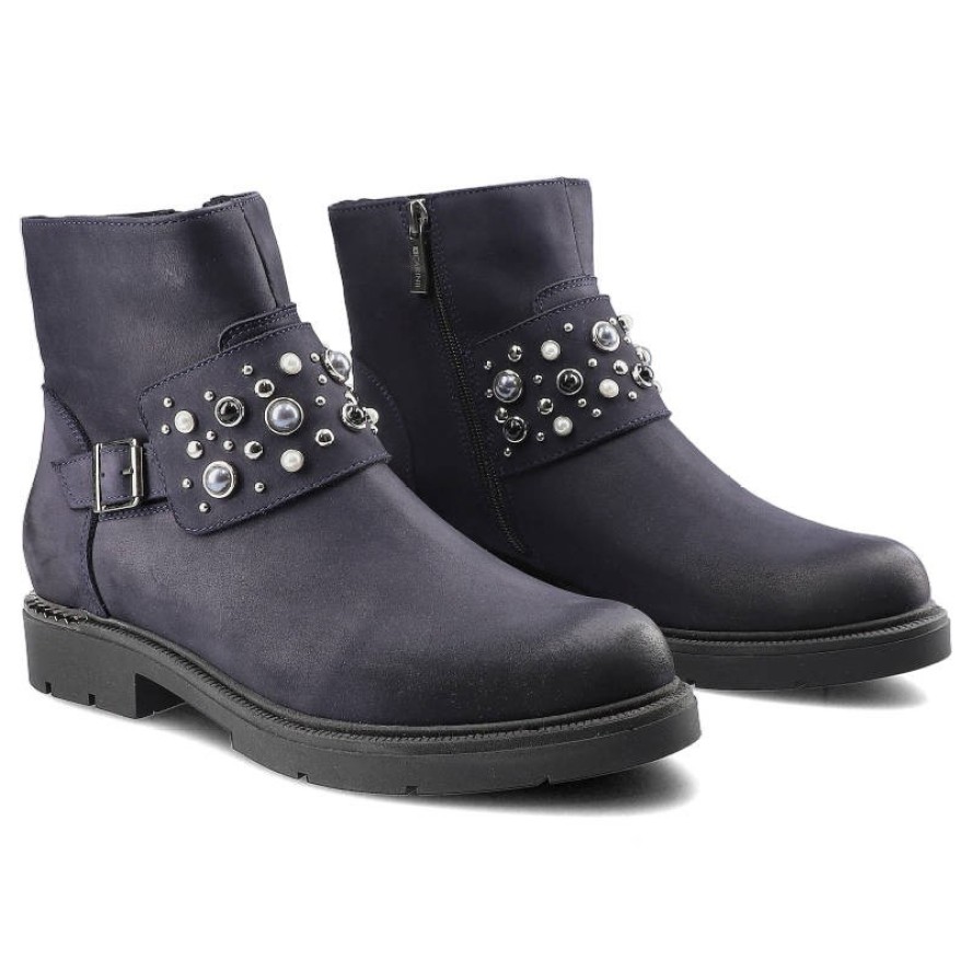 Botki damskie Carinii, płaskie ze skóry naturalnej, granatowe, B4483_-M07-000-POL-D06