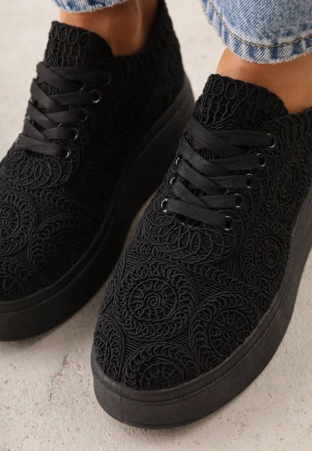 Czarne Sneakersy z Plecionki na Grubej Podeszwie w Stylu Boho Dacara