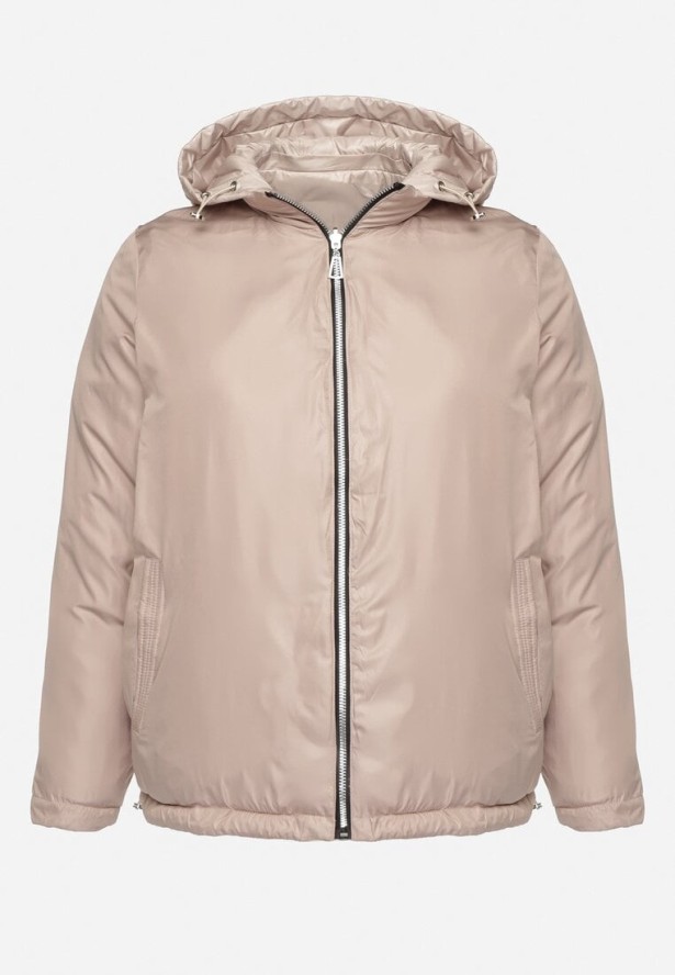 Beżowa Kurtka Dwustronna z Odpinanym Kapturem Frolbia