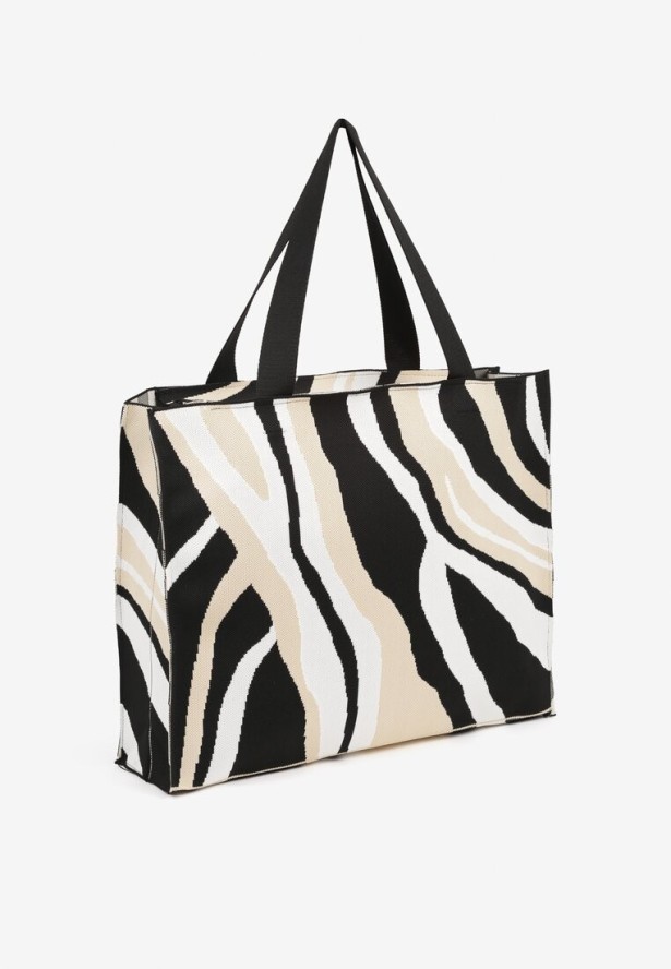 Beżowa Torebka Shopper z Suwakiem w Abstrakcyjny Print Salidrea