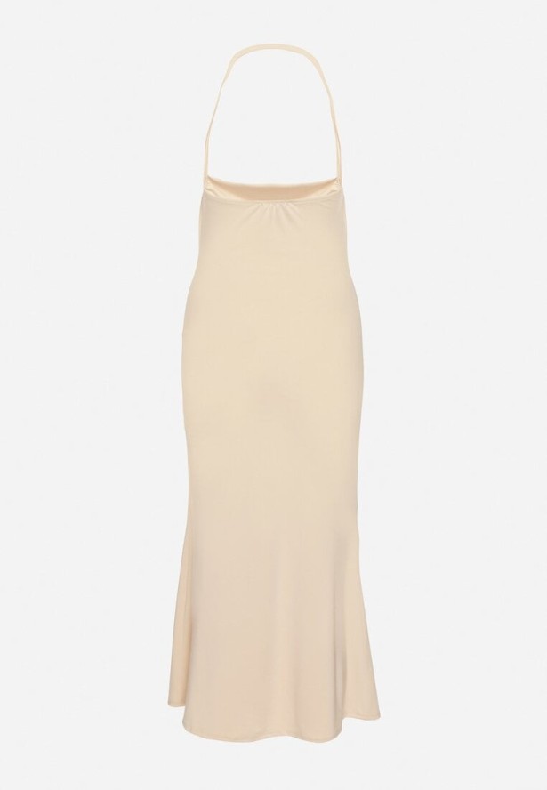 Beżowa Taliowana Sukienka Koktajlowa z Wiskozą Izazira