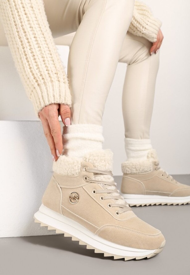 Beżowe Sneakersy Mocno Ocieplone Sztucznym Futerkiem Rosanas