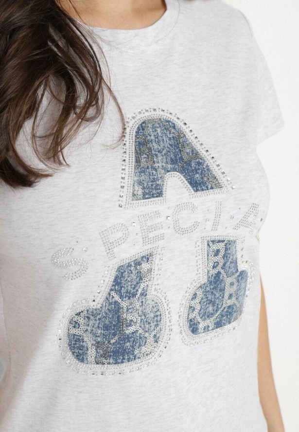 Jasnoszary Bawełniany T-shirt Ozdobiony Napisem i Cyrkoniami Isnorea