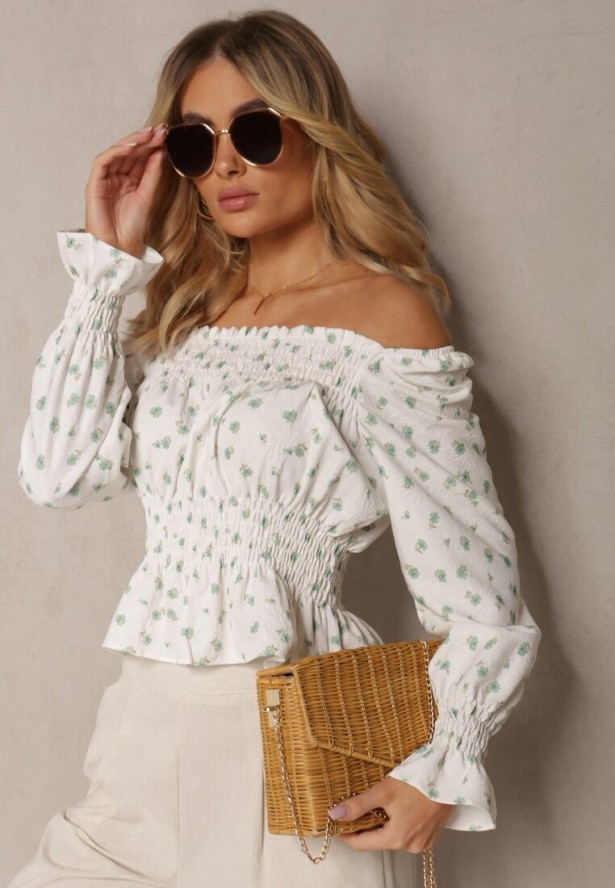 Biało-Zielona Bluzka z Falbankami przy Rękawach Wykończona Gumką w Pasie Naliaria