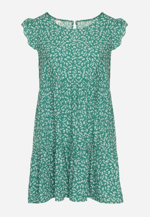 Zielona Bawełniana Sukienka o Rozkloszowanym Kroju z Falbanką Anettes