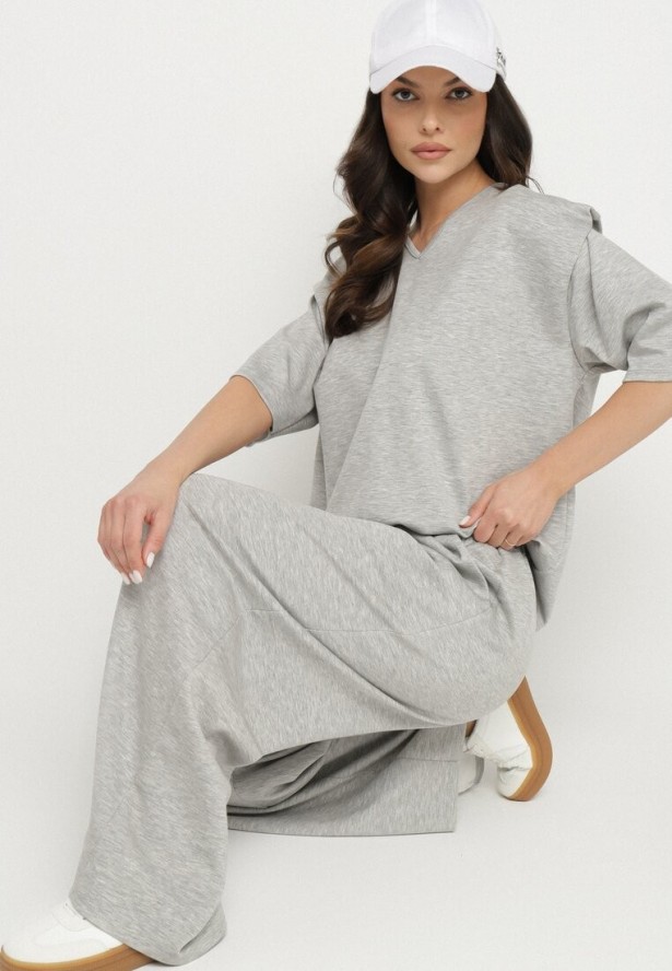 Szary Komplet z Wiskozą Szerokie Spodnie i Bluzka z Dekoltem w Serek Zeilora