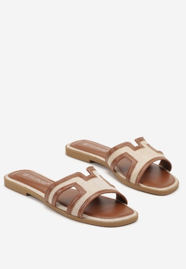 Brązowo-Beżowe Klapki z Geometryczną Cholewką Idanitia