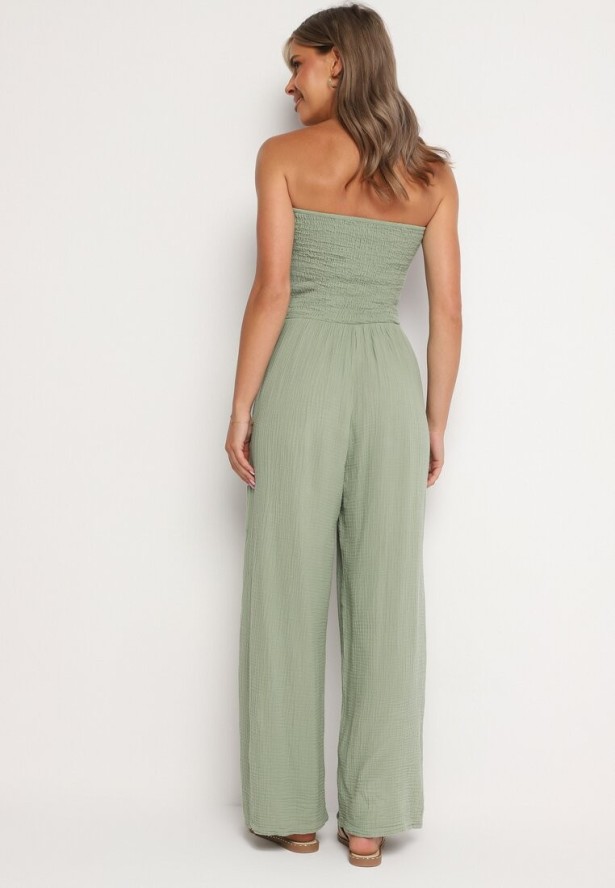 Jasnozielony Bawełniany Taliowany Kombinezon Góra Bandeau Wykończona Gumkami Moranna