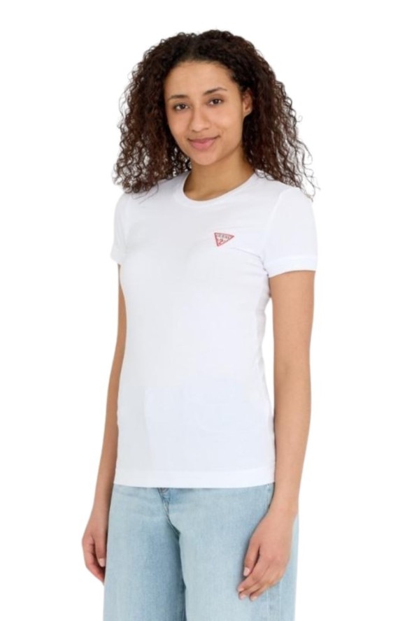 GUESS Biały damski t-shirt bawełniany Mini Triangle Tee, Rozmiar XS