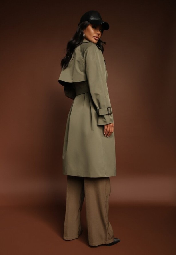 Zielony Dwurzędowy Płaszcz Trencz z Paskiem Ninnolia