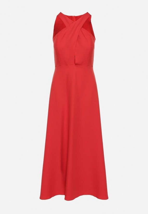 Czerwona Rozkloszowana Sukienka z Wiskozą i Dekoltem Typu Halter Dolienna