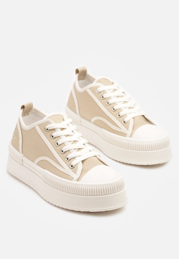 Ciemnobeżowe Trampki na Grubej Podeszwie Ozdobione Metaliczną Aplikacją Efadelis