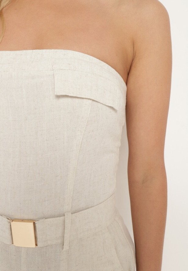 Jasnobeżowy Kombinezon Zwężany w Talii Lnem i Wiskozą Qurefia