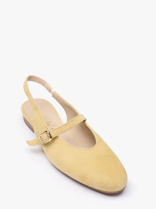 Jasnożółte czółenka slingback bez pięty ze skóry welurowej