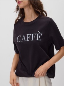 T-shirt z haftowanym napisem - ciemnobrązowy