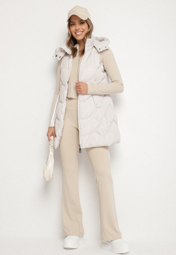 Jasnoszara Kamizelka z Odpinanym Kapturem Ozdobiona Pikowaniem Tulira