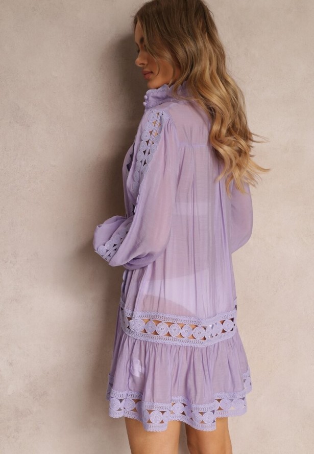 Fioletowa Koronkowa Tunika Pudełkowa z Falbaną Nawal