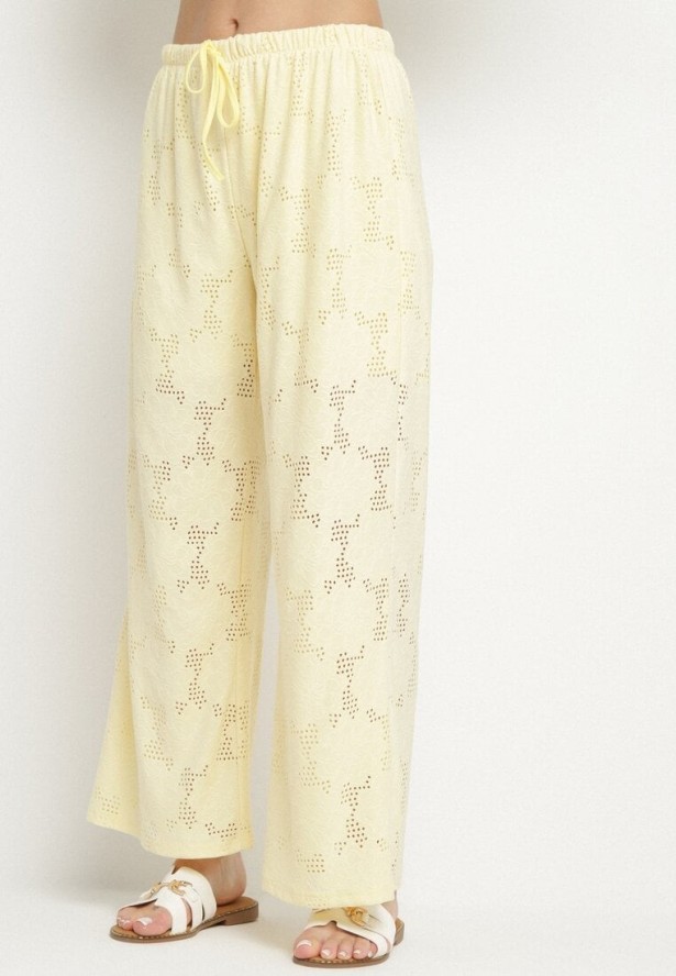 Żółty Ażurowy Komplet Koszulowa Bluzka z Wiązaniem i Szerokie Spodnie Linarisa