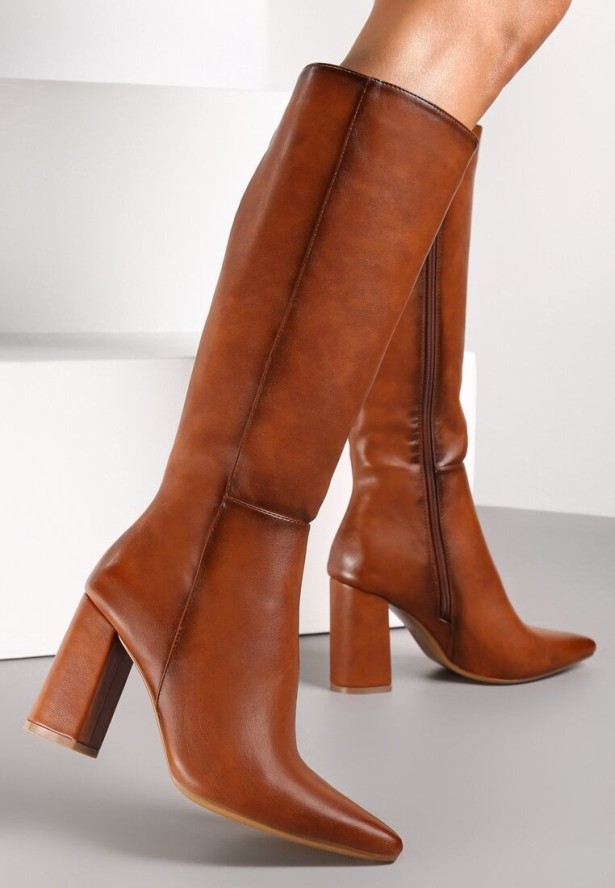 Brązowe Kozaki na Obcasie ze Szpiczastym Noskiem Gentiana