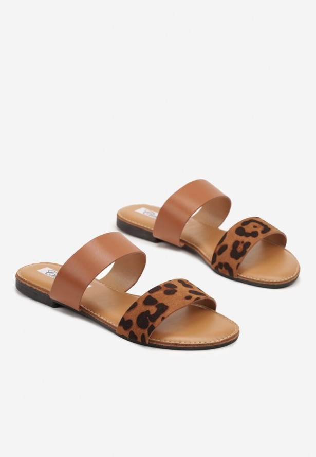 Panterkowe Minimalistyczne Klapki na Płaskiej Podeszwie z Podwójnym Paskiem Dorese