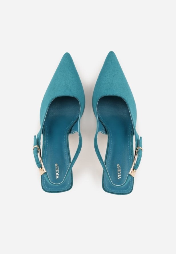 Zielone Szpilki Slingback VICES z Imitacji Zamszu z Prostokątną Klamerką Natuma