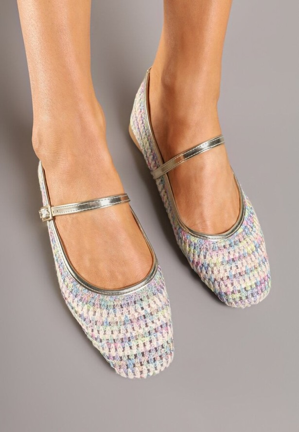 Beżowo-Różowe Balerinki w Stylu Mary Jane z Metaliczną Nicią Ilisalla