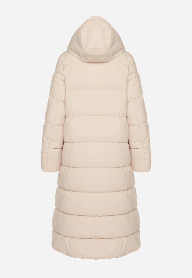 Jasnobeżowa Długa Pikowana Kurtka z Kapturem Afarriva