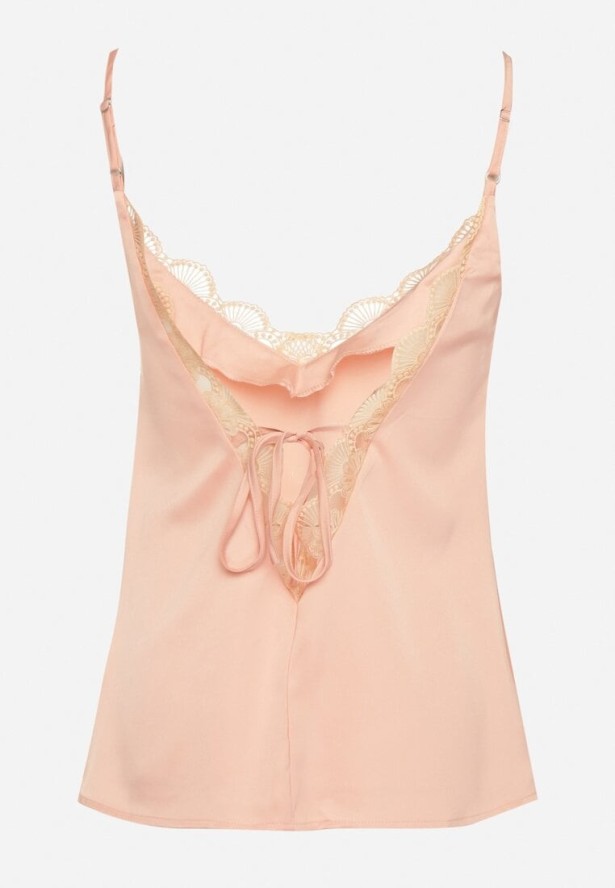 Różowa Bluzka na Ramiączkach z Delikatną Koronką i Wiązaniem Deseniela