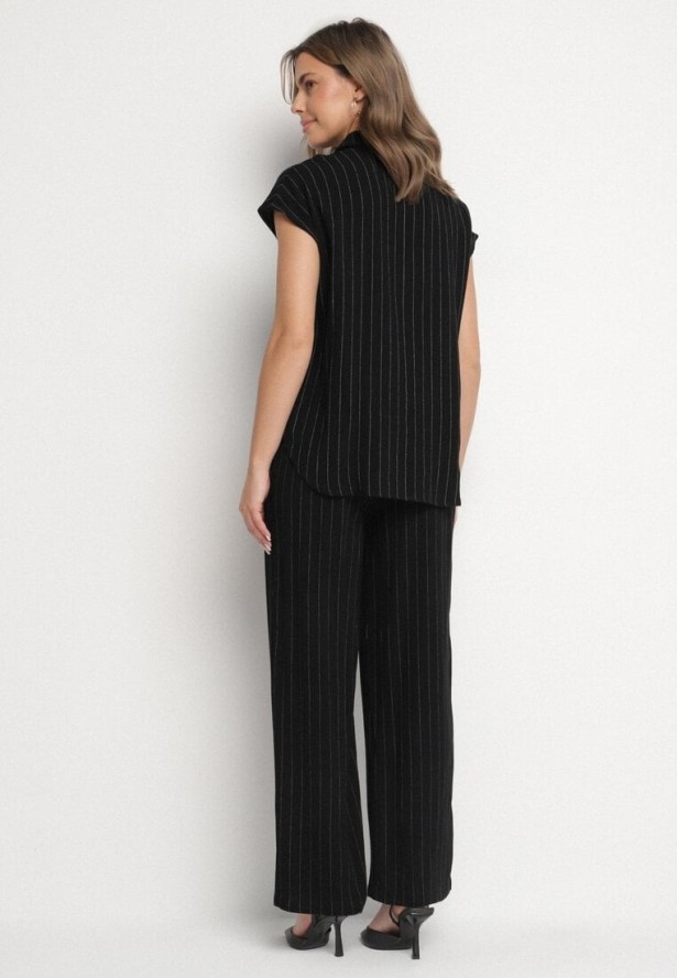 Czarny Wiskozowy Komplet w Paski Koszula z Krótkim Rękawem i Spodnie Dalirel