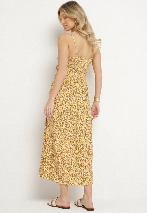 Żółta Bawełniana Sukienka na Ramiączkach o Rozkloszowanym Kroju Jenarella