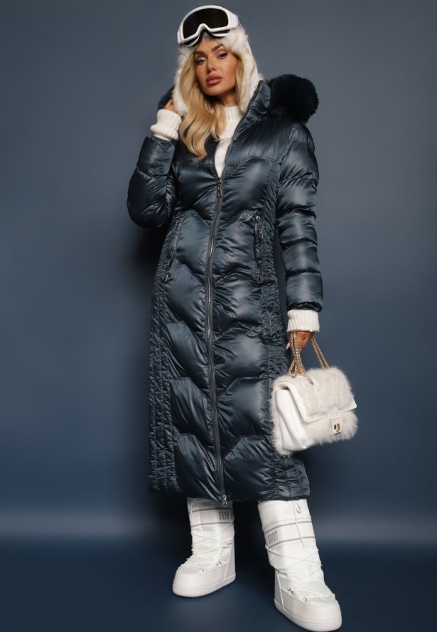 Ciemnozielona Kurtka Płaszcz z Ozdobnym Pikowaniem z Kapturem z Futerkiem i Marszczeniami Larian