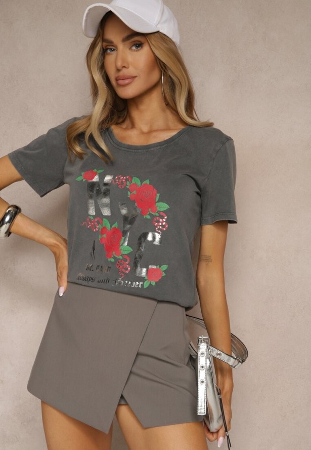 Ciemnoszary Bawełniany T-shirt z Kwiatami i Napisami Savinele