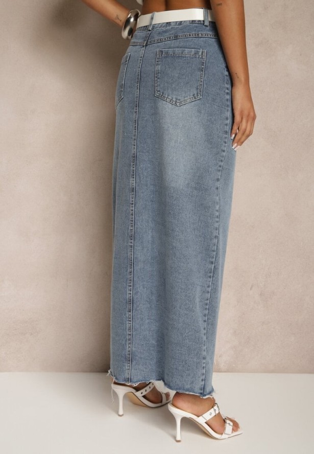 Niebieska Spódnica Jeansowa o Ołówkowym Kroju Zdobiona Rozcięciem Lisovira