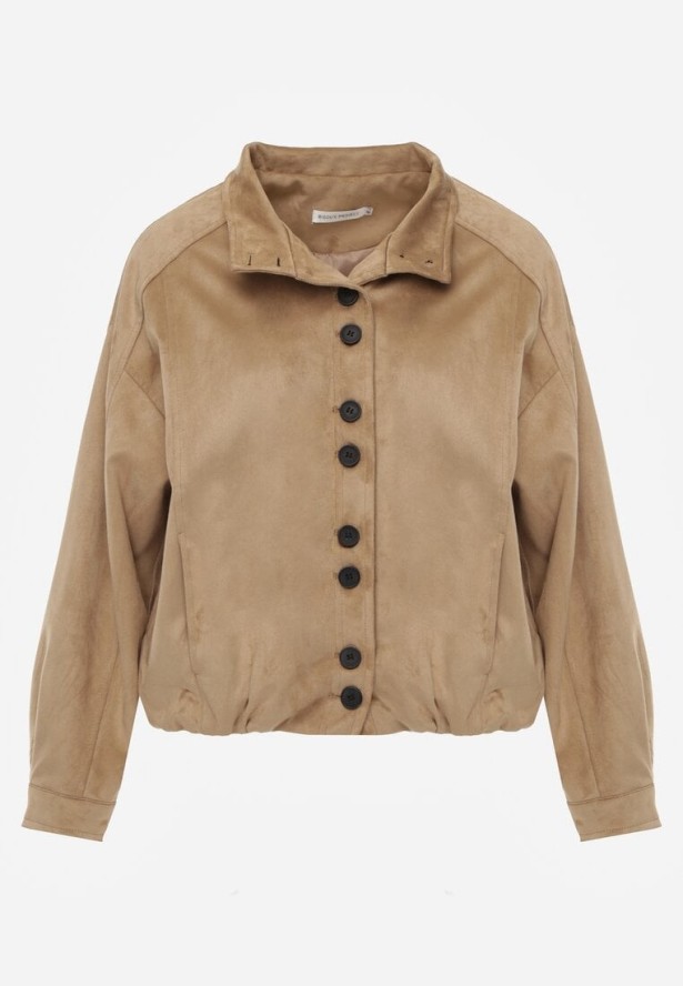 Jasnobrązowa Kurtka Bomber Jacket Ozdobiona Guzikami Quilimi