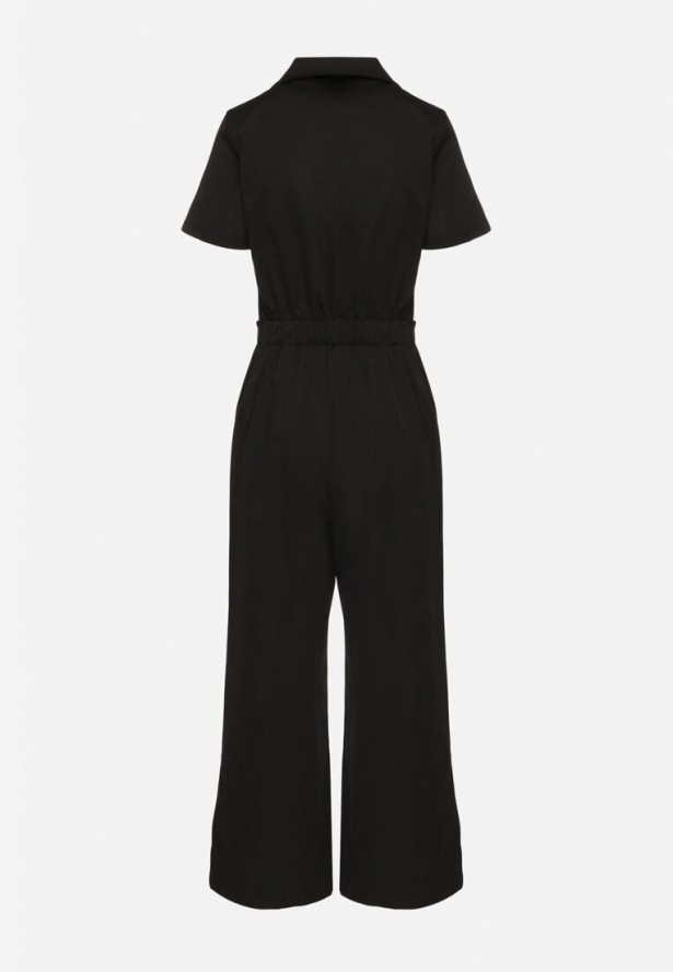 Czarny Kombinezon na Krótki Rękaw z Kołnierzykiem i Szeroką Nogawką Jenanisela