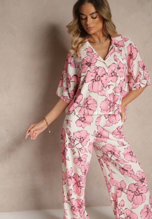 Różowy Komplet w Kwiaty Koszula z Krótkim Rękawem i Szerokie Spodnie Revanae