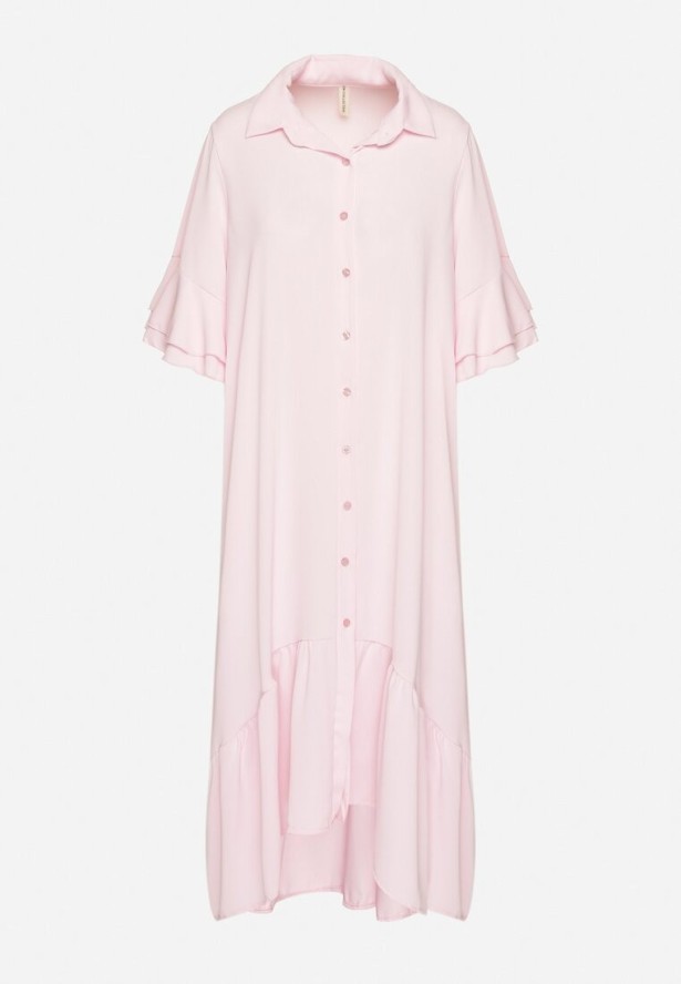 Różowa Sukienka Koszulowa z Ozdobną Falbanką Daviravie